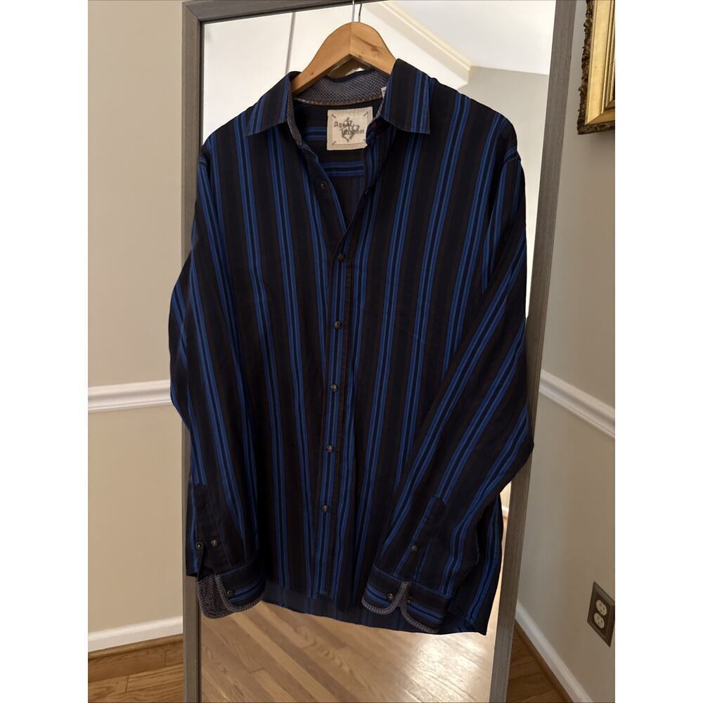 Age Of Wisdom Mens Blue and‎ Black Striped Button Up Shirt Large